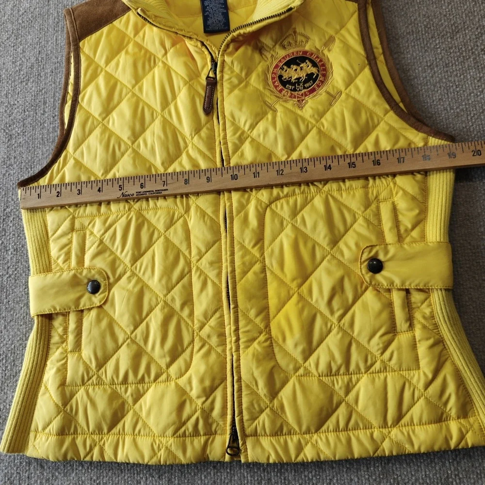 Ralph Lauren Sport Essex Crest Equestrian Vest Quilted Yellow Suede Sz Large - Picture 3 of 10